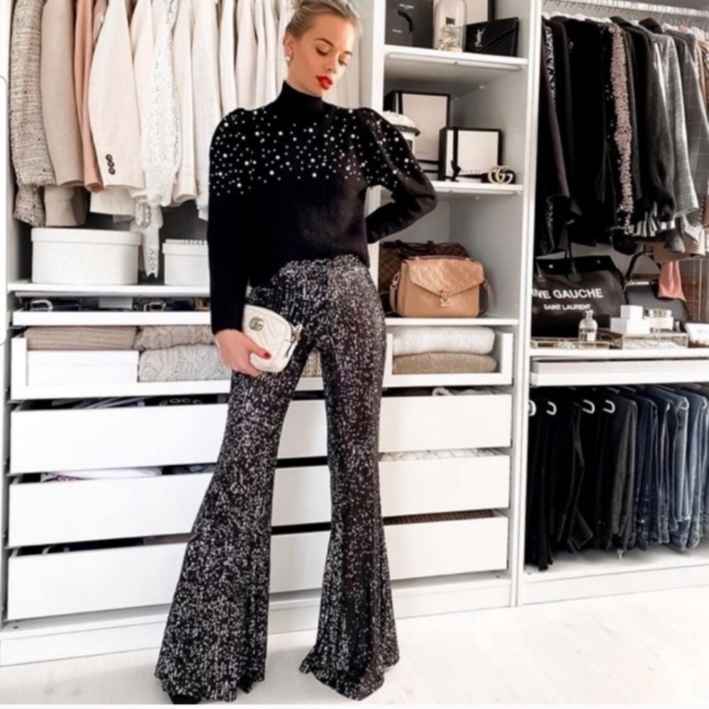 ZARA BLACK FLARED SEQUIN PANTS